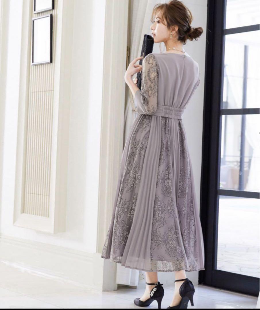 【niana】プリーツ×レース 7分袖  ロングワンピースドレス LL