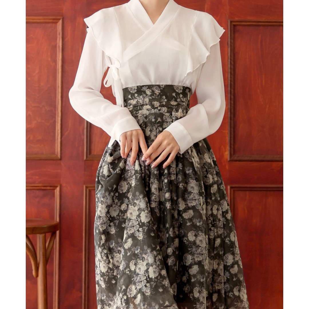 口コミ・レビュー評価が高いおすすめ人気商品の通販 生活韓服 肩フリルレースブラウス FREE-XXLサイズ チマチョゴリ シャツ+ブラウス(長袖+七分)