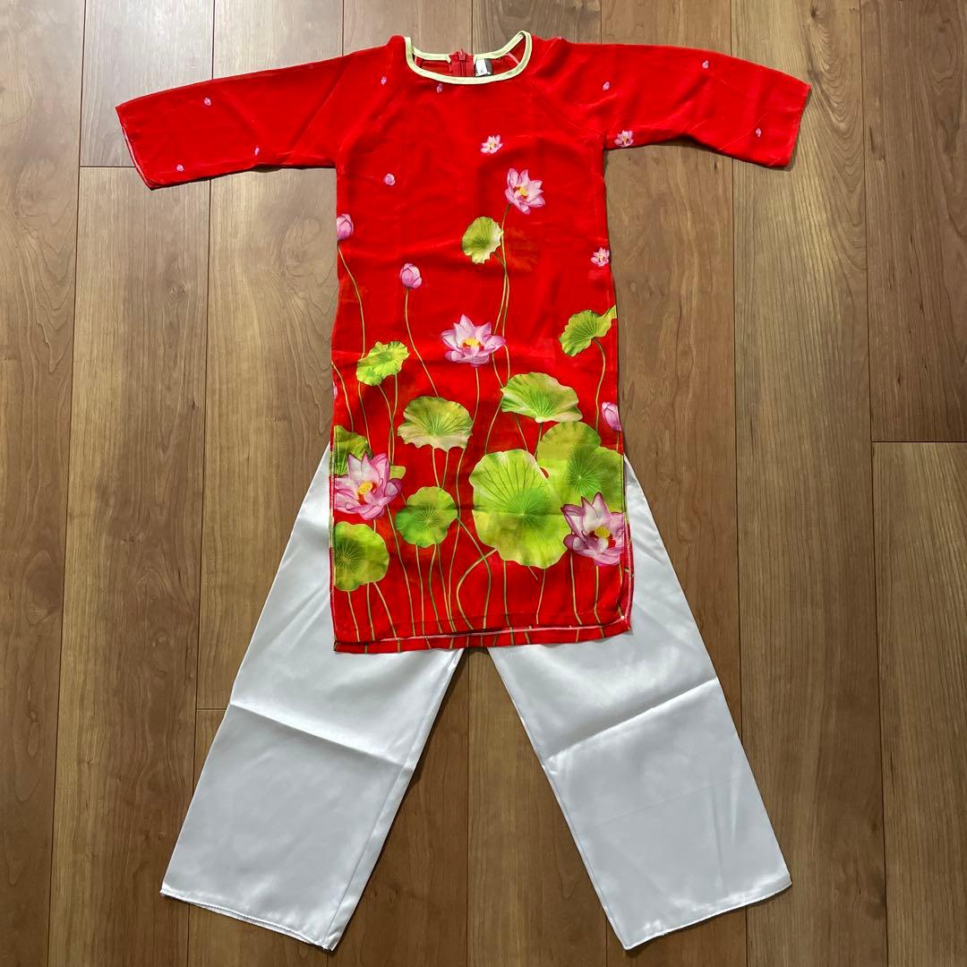 ◇セール特価品◇ベトナム民族衣装 アオザイ 女の子 赤 5才ぐらい 100