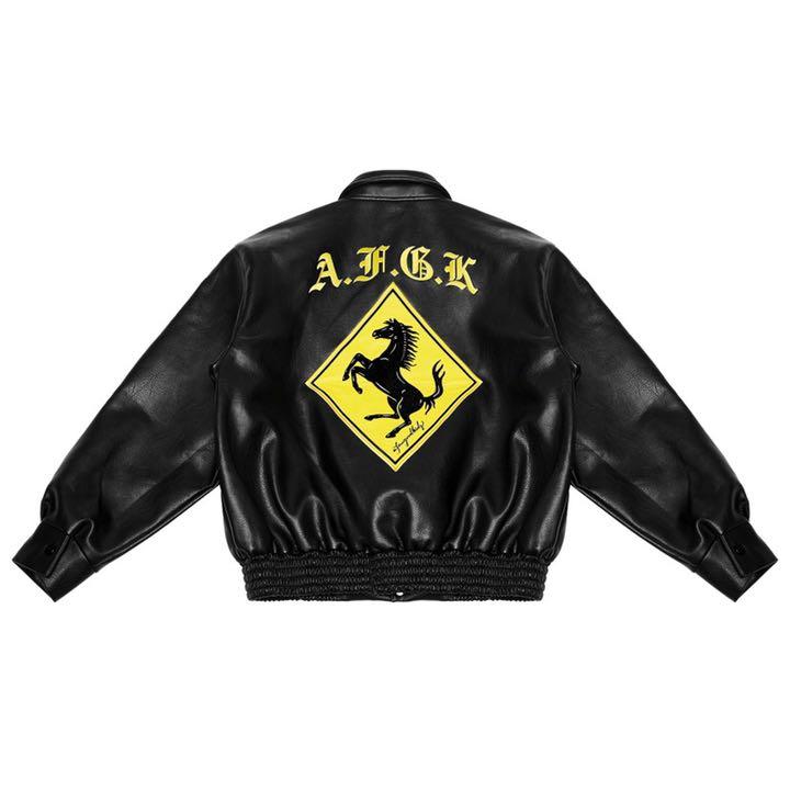 AFGK スタジャン フェイクレザー レーシング ロゴ ジャケット ブラックS