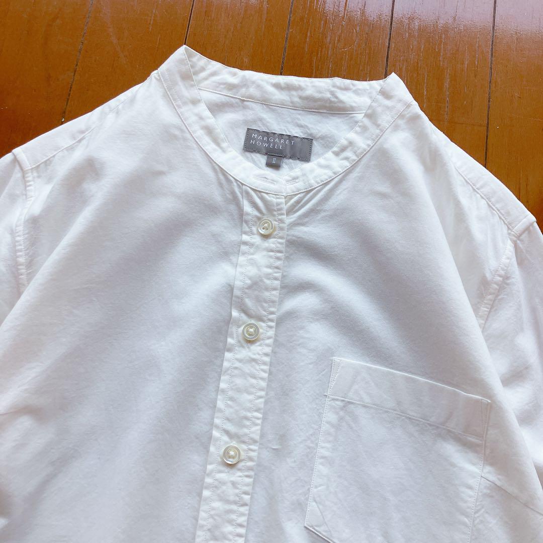 【超美品】マーガレットハウエル　バンドカラー　シャツ　Ⅱ マーガレットハウエル バンドカラーシャツ ノーカラー ホワイト