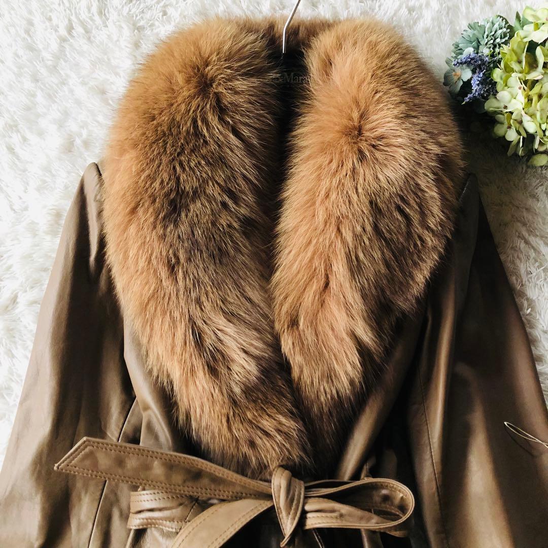 未使用✨レザートレンチコート フォックスファー 2WAY Aライン ブラウン M 未使用✨レザートレンチコート フォックスファー 2WAY Aライン ブラウン M