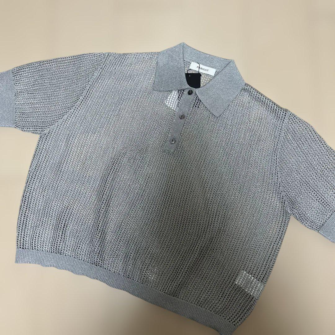 新品　PARIGOT シルバー 透かし編み ポロシャツ 半袖