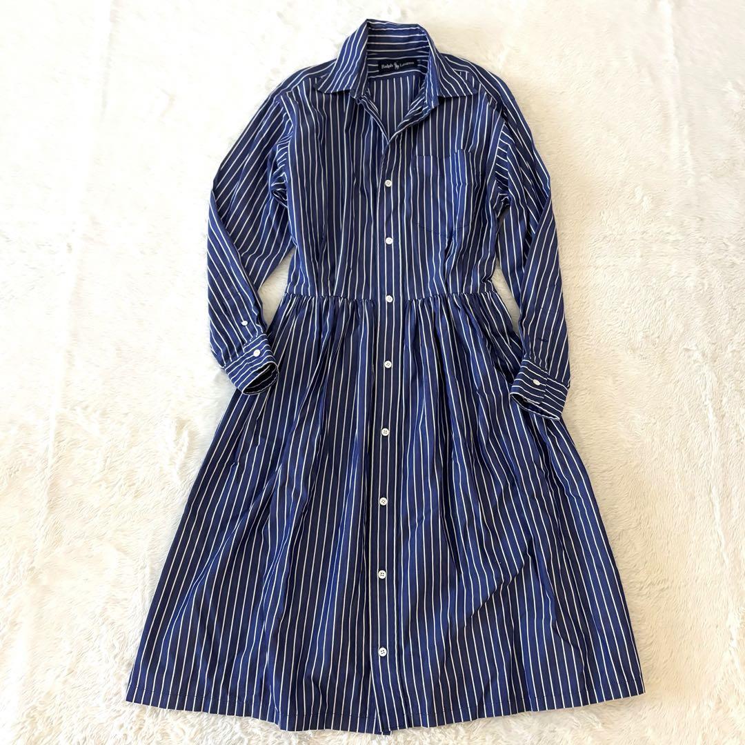 【美品】 ラルフローレン シャツワンピース ストライプ フレア S ミモレ丈