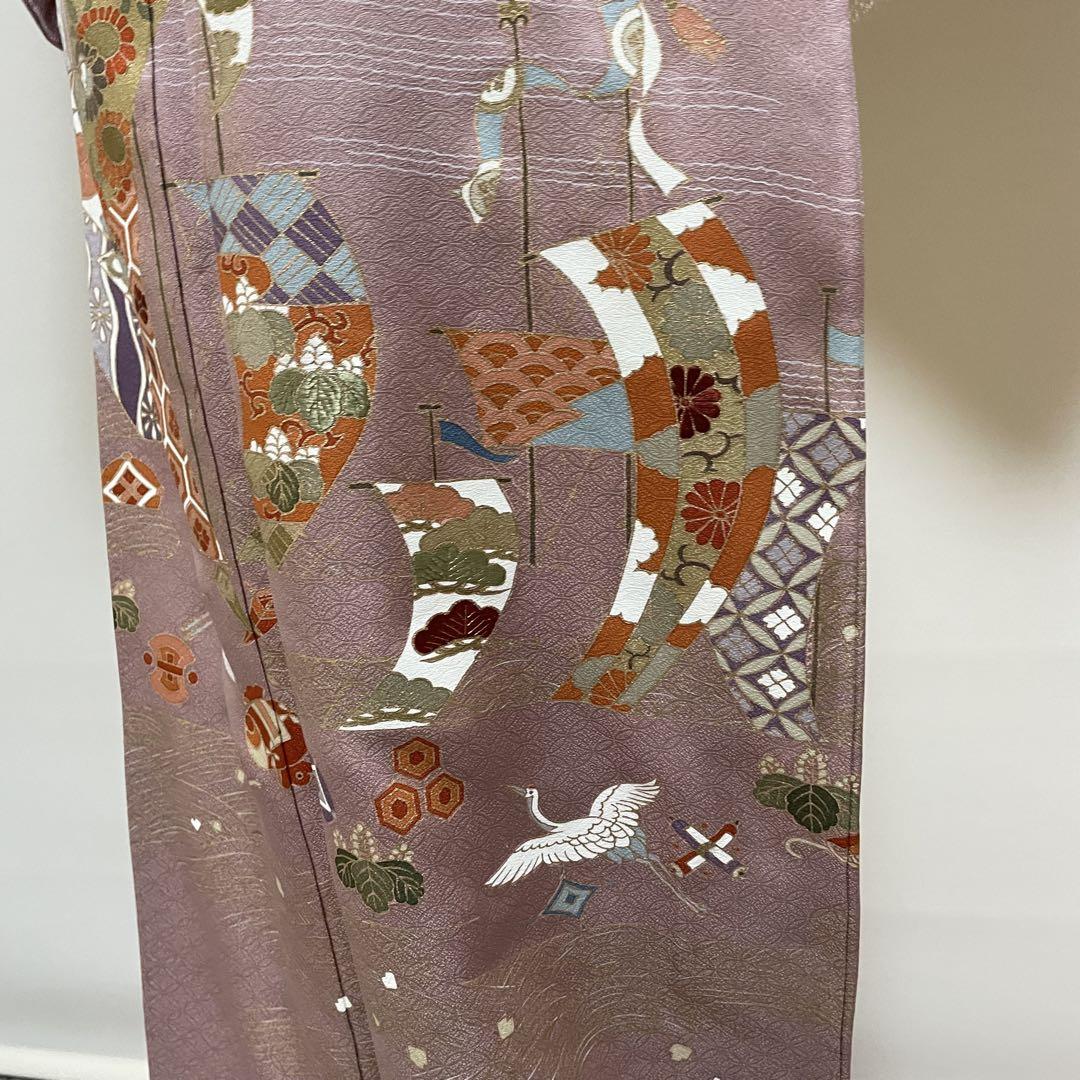 色留袖 正絹 三つ紋 金駒刺繍に花 比翼 袷 着物U-2329（色留袖