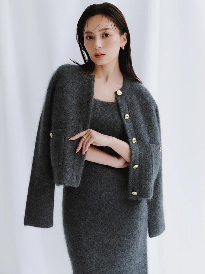 【新品】anuans カシミヤブレンドノーカラーニットジャケット GREY 【新品】anuans カシミヤブレンドノーカラーニットジャケット GREY