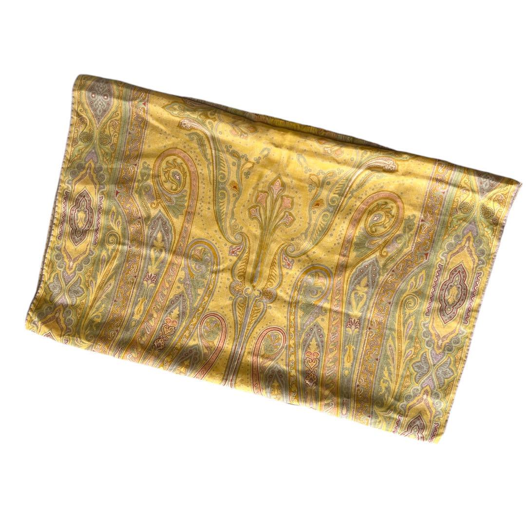 【美品】ETRO ペイズリー ストール・ショール イエロー 大判 ウールシルク