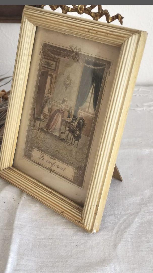 フランス アンティーク　リボン装飾　ガラス付き　フォトスタンド　1900年　木製