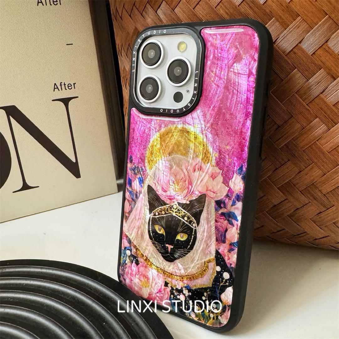 天然シェル♡キラキラ アラビア 黒猫 オリジナルiPhoneケース ピンクiPhoneアクセサリー