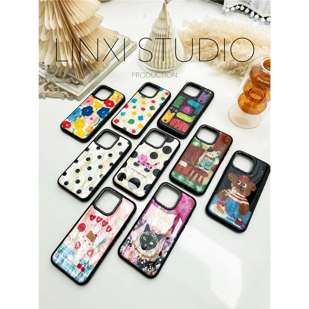 天然シェル♡キラキラ アラビア 黒猫 オリジナルiPhoneケース ピンク