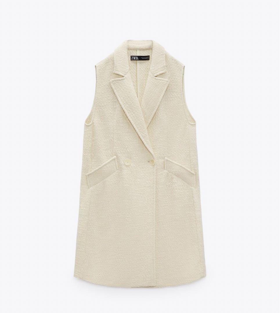 ZARA バーズアイベスト ロングジレ ホワイト エクリュ