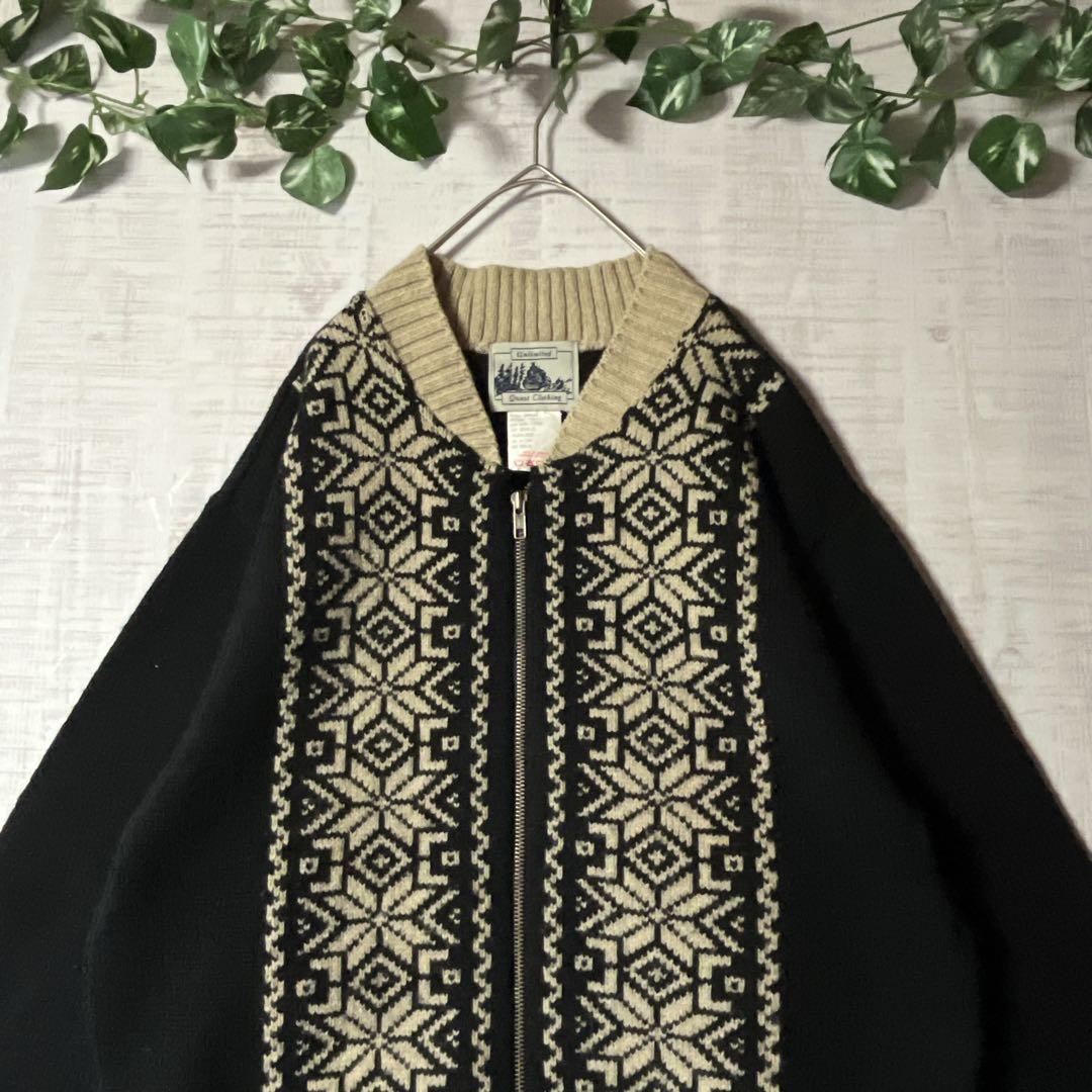 カナダ製 ジップアップニット セーター ノルディック柄 ざっくり 厚手 黒 MM UNLIMITED