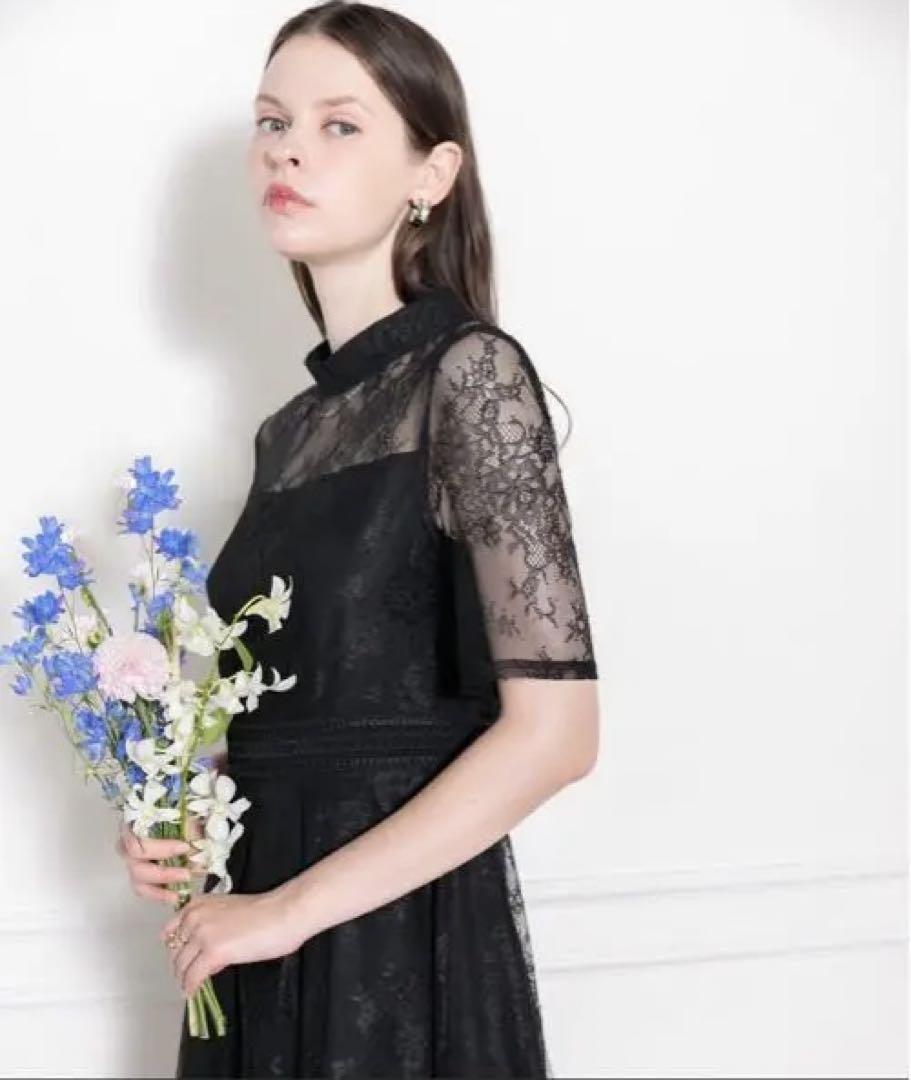 Leja ハイネック花柄レースウエストマーク透けロングドレスワンピース