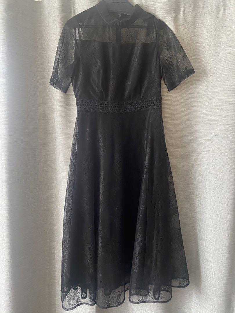 Leja ハイネック花柄レースウエストマーク透けロングドレスワンピース