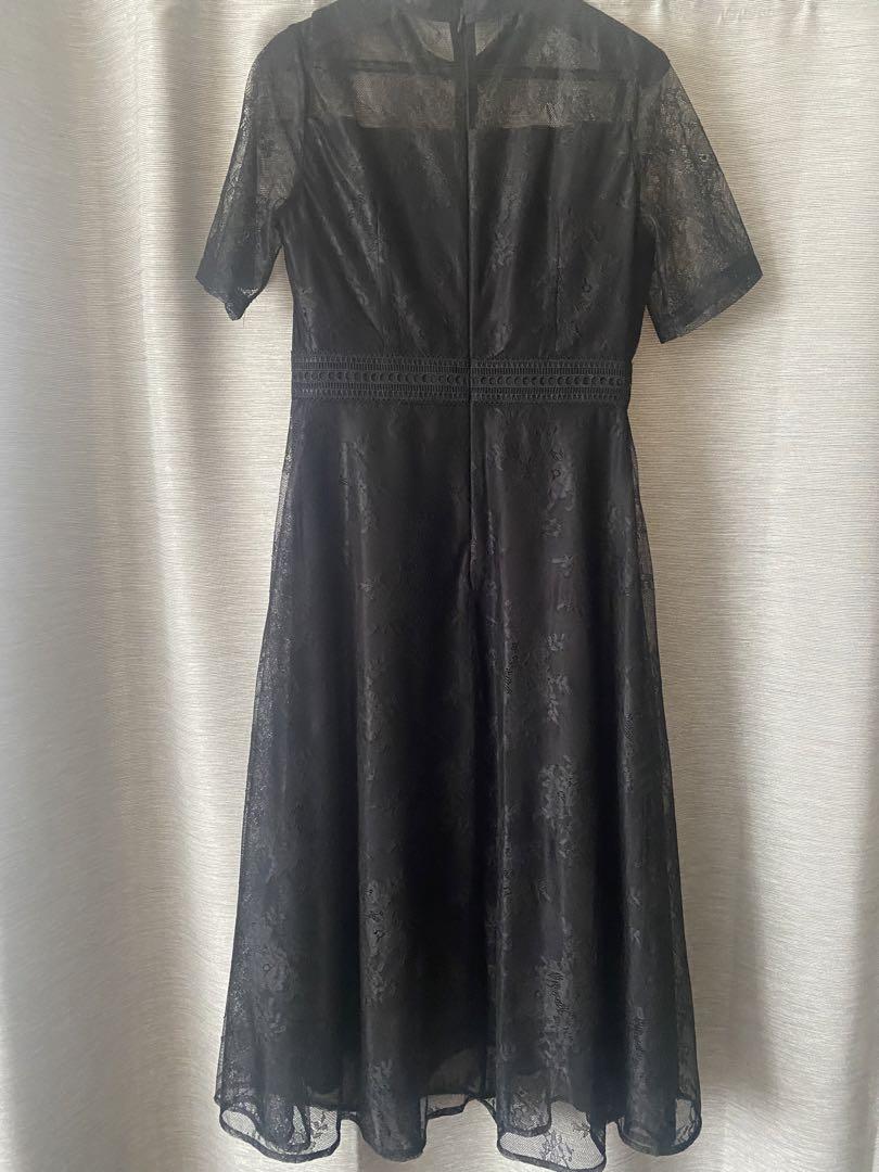 Leja ハイネック花柄レースウエストマーク透けロングドレスワンピース