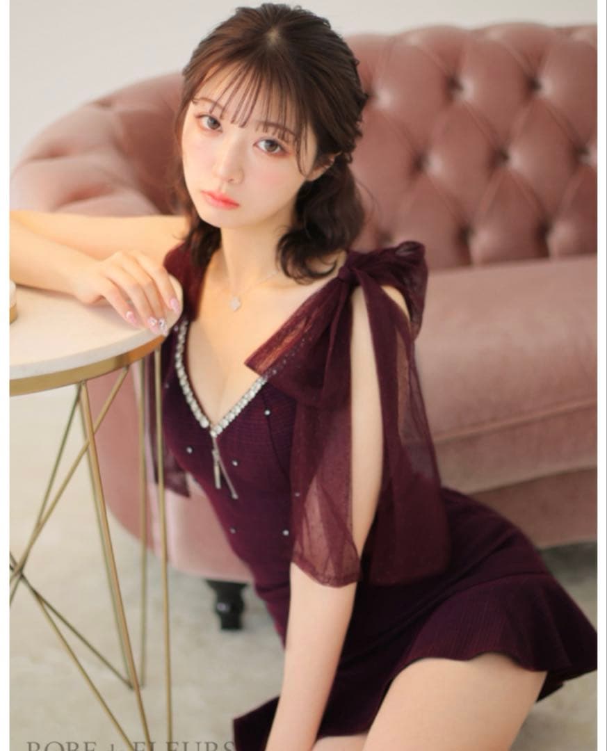 ROBE de FLEURSリボン×デコルテビジューセットアップミニキャバドレスS ROBE de FLEURS