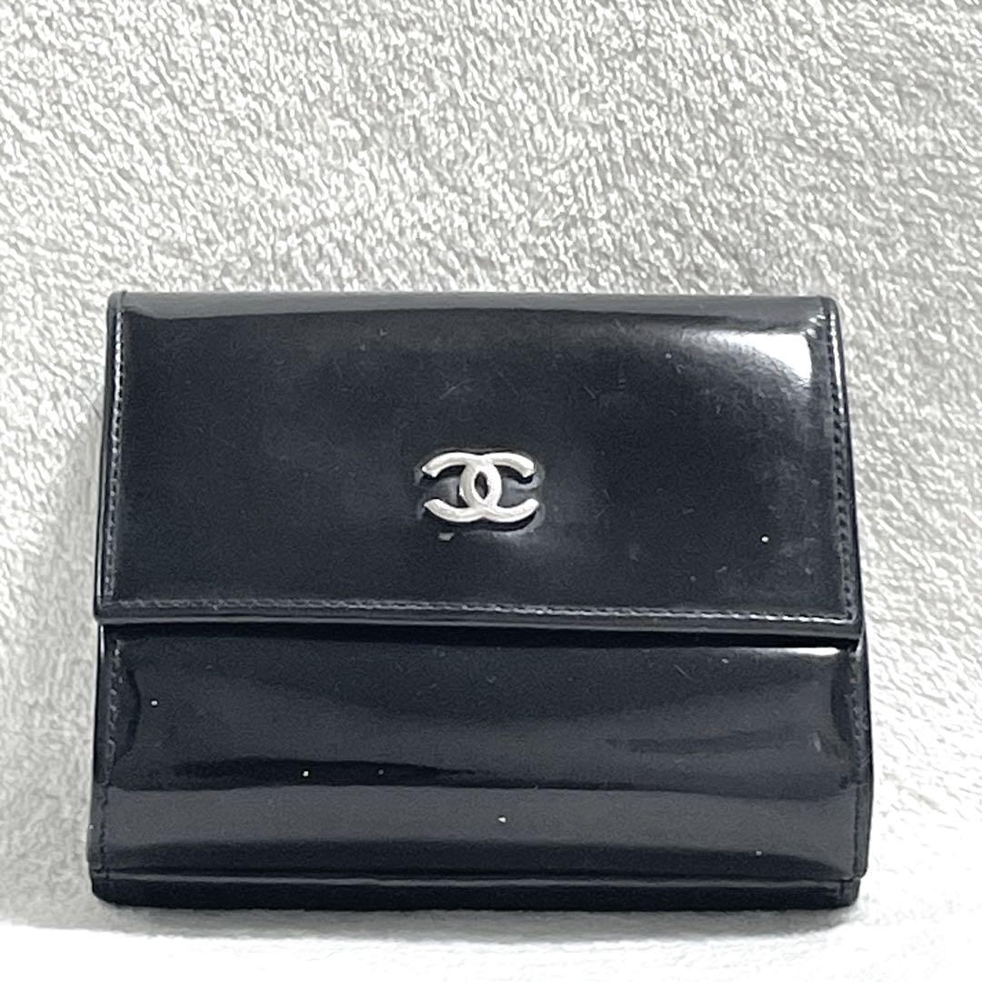 CHANEL シャネル　ペテント　エナメル 折り財布　6番【6495663】黒