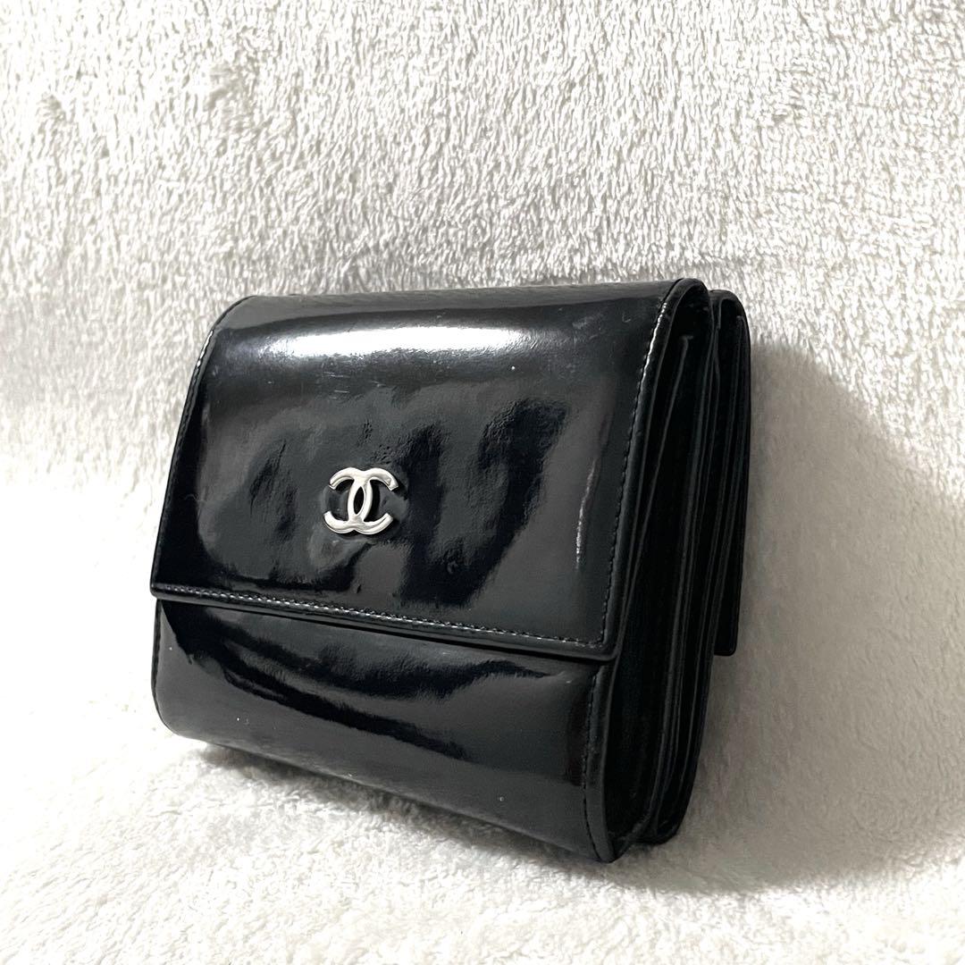CHANEL シャネル　ペテント　エナメル 折り財布　6番【6495663】黒