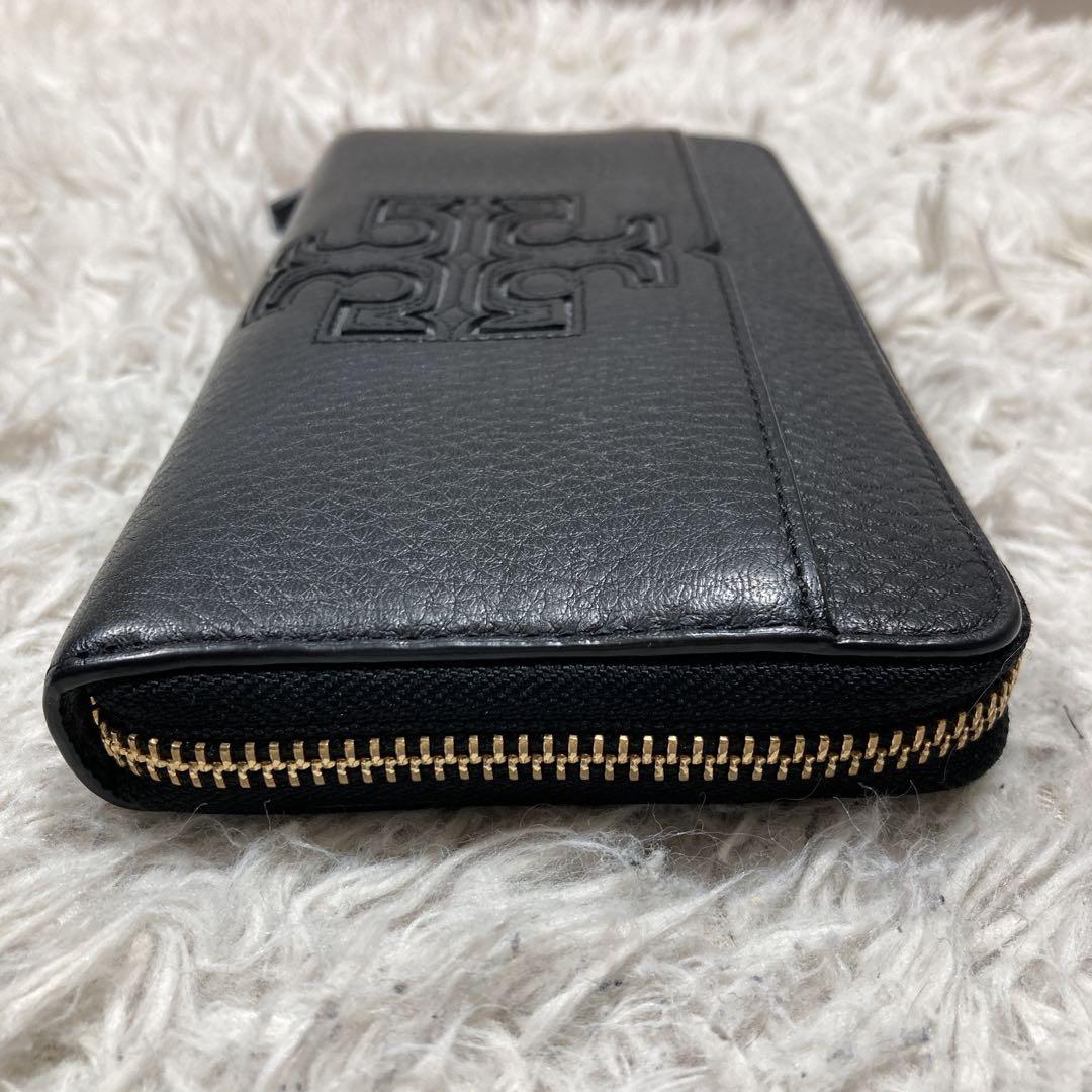 極美品 トリーバーチ 長財布 ラウンドファスナー エンボスロゴ 黒 本革