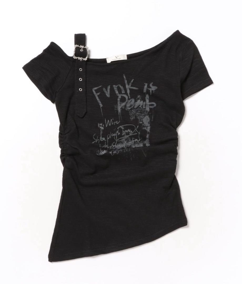 XUオフショルダー ブラック Tシャツ グラフィックプリント グランジ　y2k