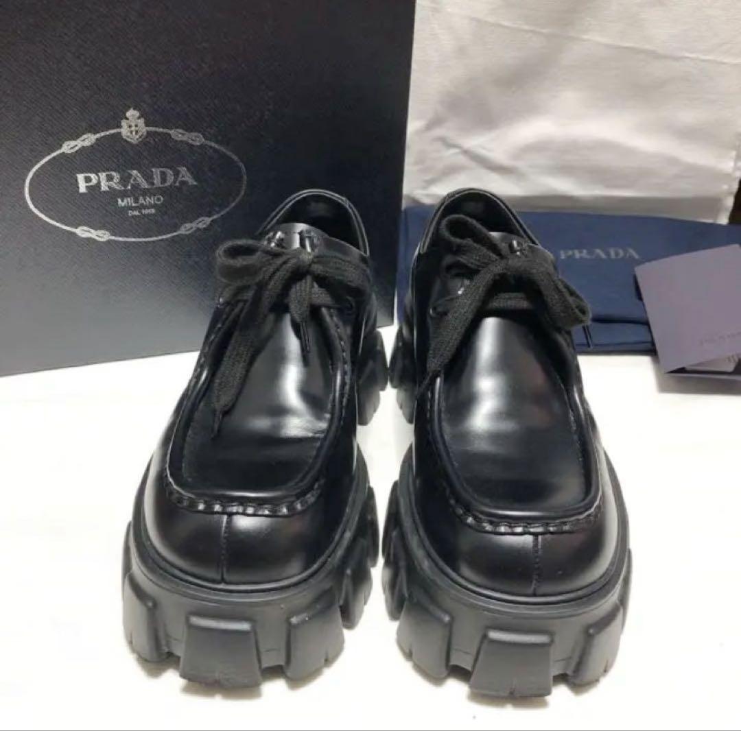 PRADA プラダ モノリス ブラッシュドレザー シューズ 26.5 黒