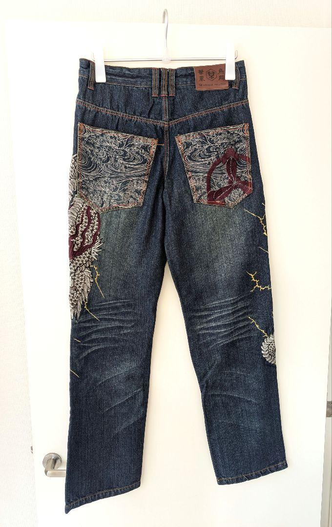 激安超安値 タグ付き新品】花鳥風月 鯉 ダメージ加工 家紋柄刺繍 波 龍 パンツ