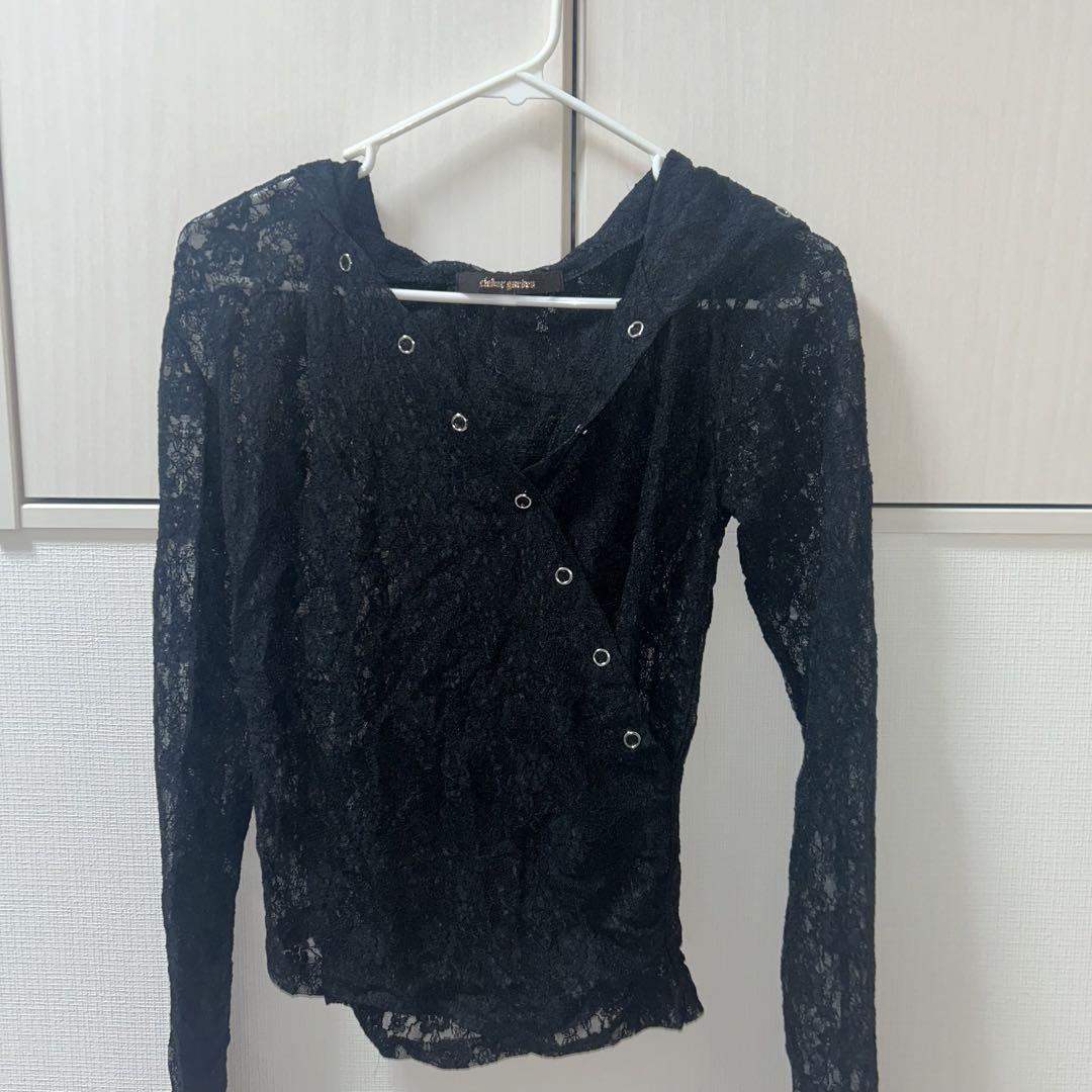 THEAIRTOWN lace hood snap top ブラック
