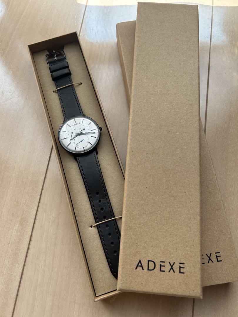 ADEXE アナログ時計 ブラックレザーベルト
