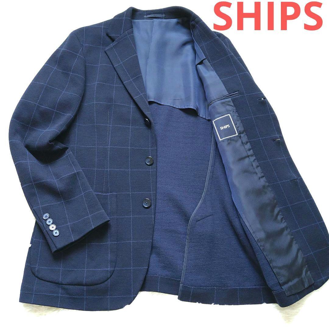 【美品】SHIPS テーラードジャケット 背抜き チェック ネイビー М