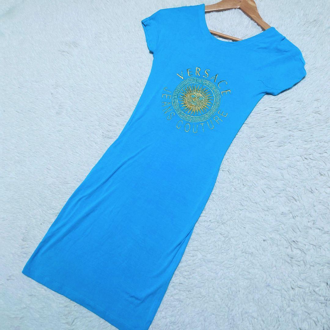 【希少】VERSACE ヴェルサーチ ワンピース ブルー ビッグデザイン 金刺繍