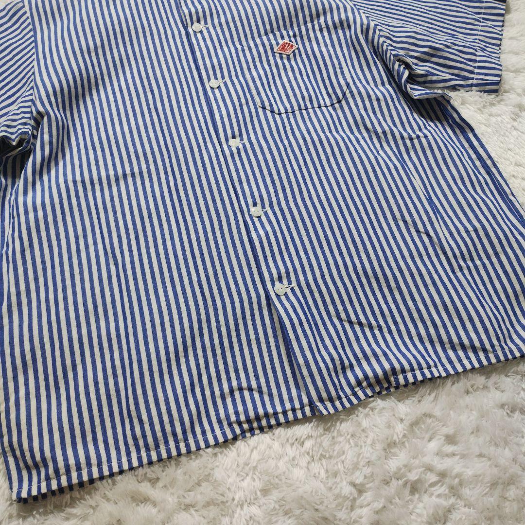 美品☆人気☆ダントン　リネン　コットン　半袖シャツ　ストライプ　青　36サイズ