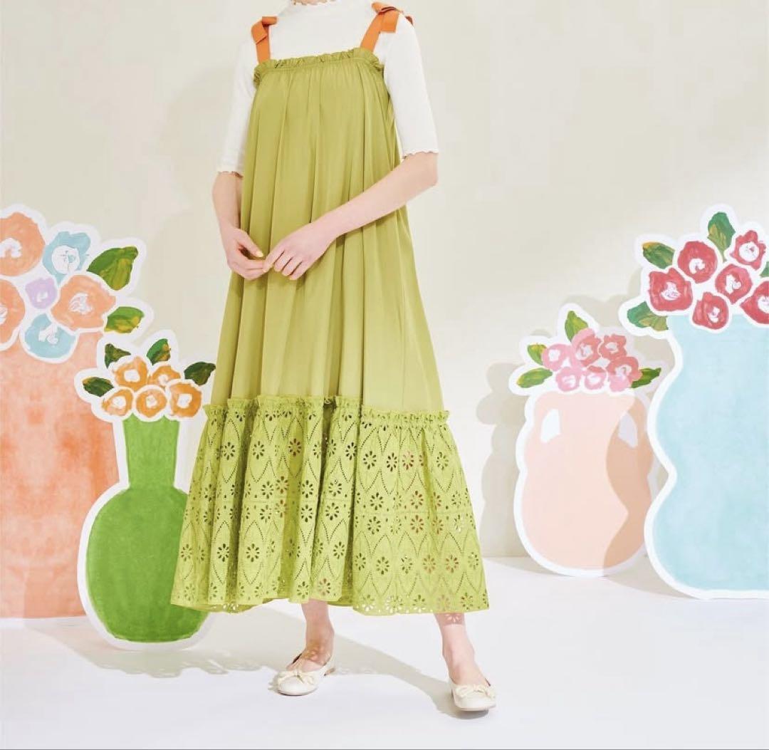 【美品】POPPY リボンショルダーギャザーワンピース　M