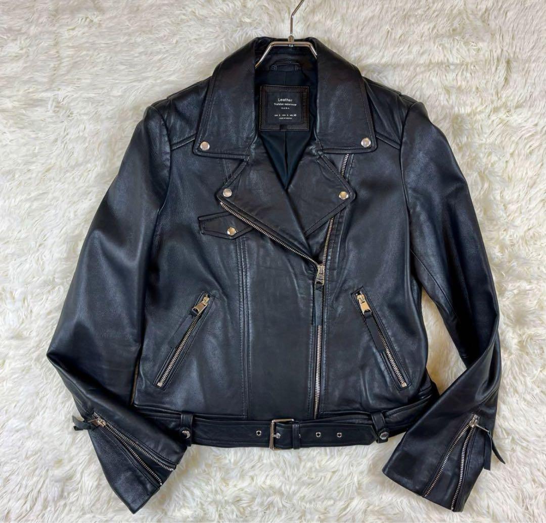 ザラ ZARA ラムレザー 本革 ライダースジャケット ベルト付 ダブル 黒 Ｌライダースジャケット