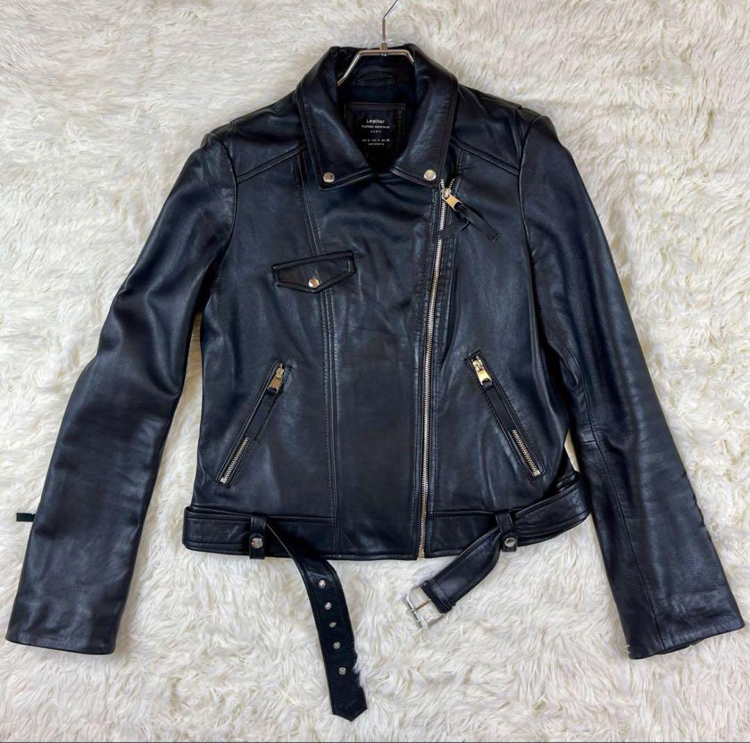 ザラ ZARA ラムレザー 本革 ライダースジャケット ベルト付 ダブル 黒 Ｌ