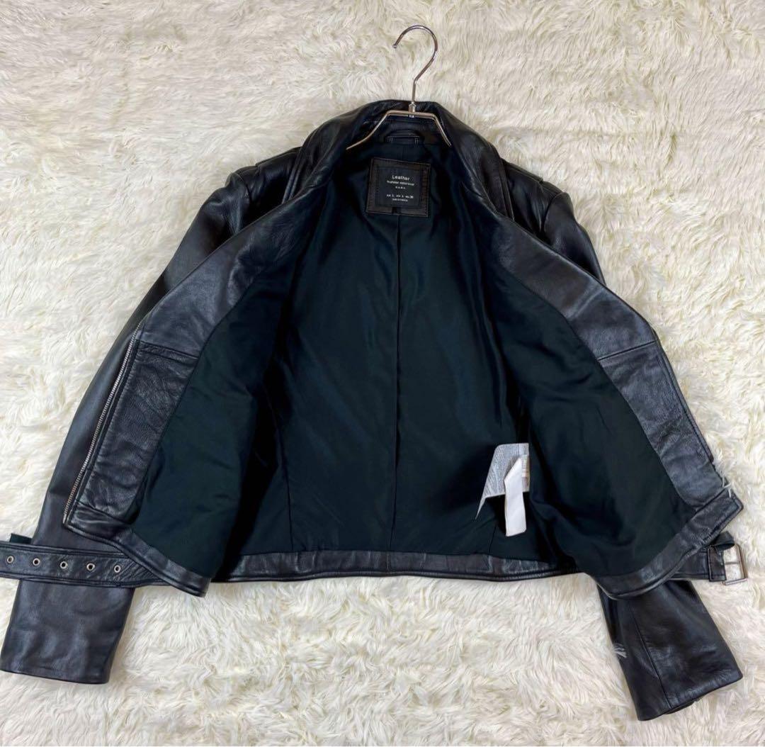 ザラ ZARA ラムレザー 本革 ライダースジャケット ベルト付 ダブル 黒 Ｌ
