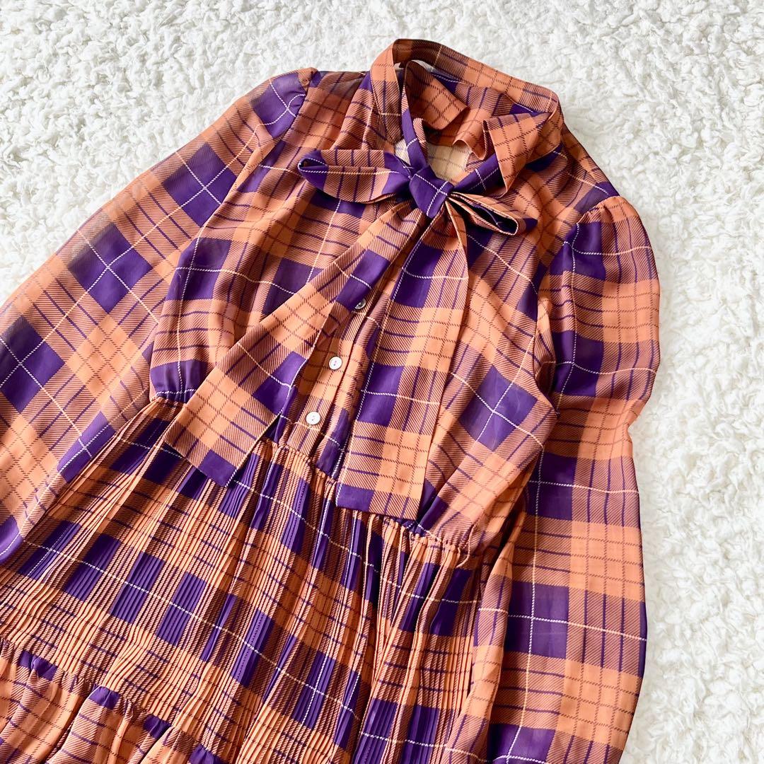 美品♡ダイアグラム　ロングワンピース　ボウタイ　チェック　Aライン　長袖　36 美品♡ダイアグラム ロングワンピース ボウタイ チェック A