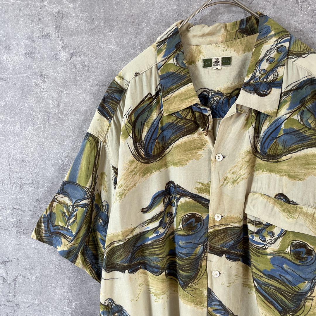 MELROSE レーヨン柄シャツ　アートデザイン調　半袖　オープンカラーMメンズ