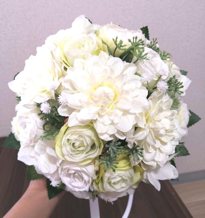 ホワイト·グリーン♡バラ·かすみ草♡ウエディングブーケ·ブートニア2点セット♡