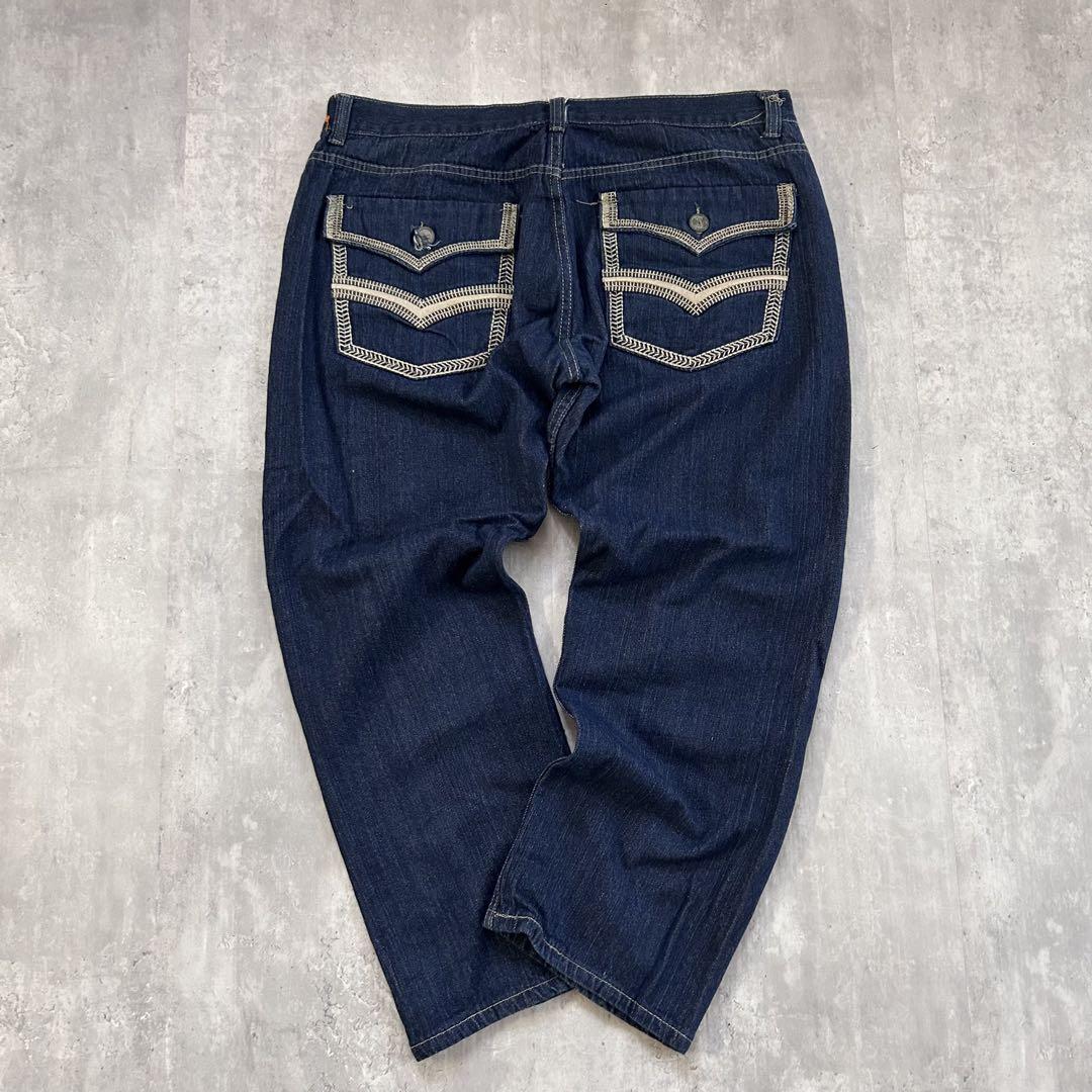 B294 【W40】超極太 Jeanetix 刺繍デニムパンツ バギー 濃紺