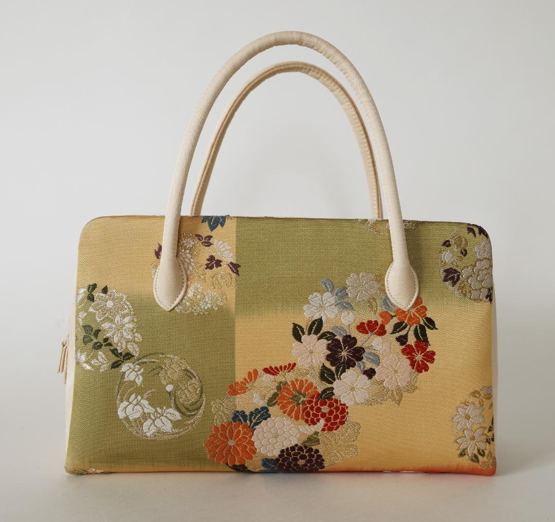 三栄　利休バッグ　正絹　花の丸模様　美品