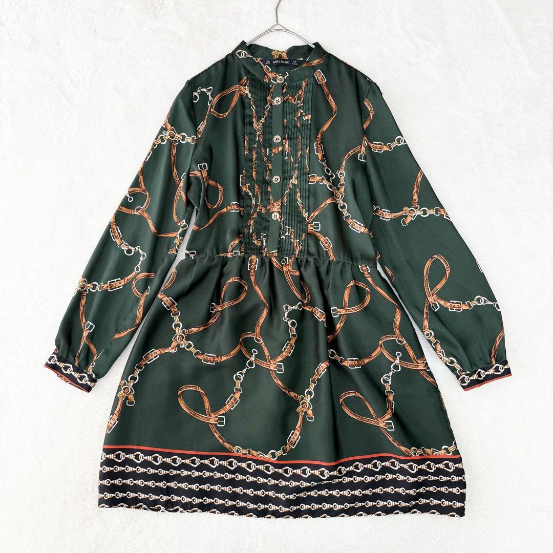 美品 ザラベーシックZARA スタンドカラーシャツワンピース とろみ レトロ柄S