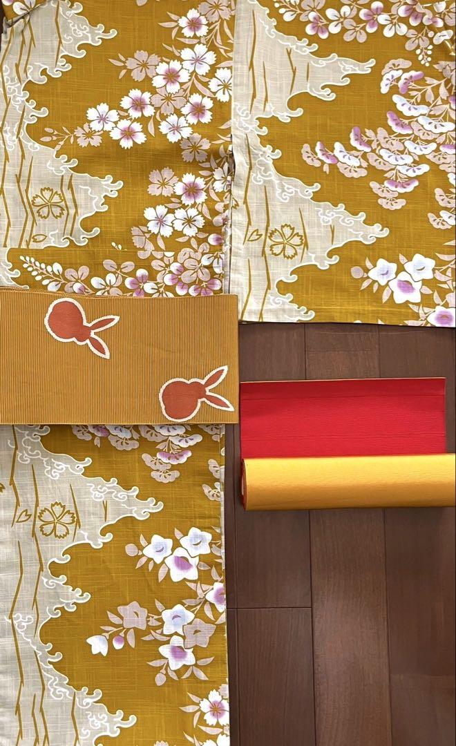 【クリーニング済】花柄浴衣セット 半幅帯 六寸帯 3点セット うさぎ