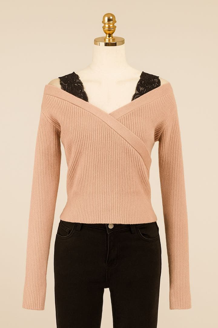 リップサービス　リブニット　カシュクール　レース　オフショルトップス リップサービス リブニット カシュクール レース オフショルトップス