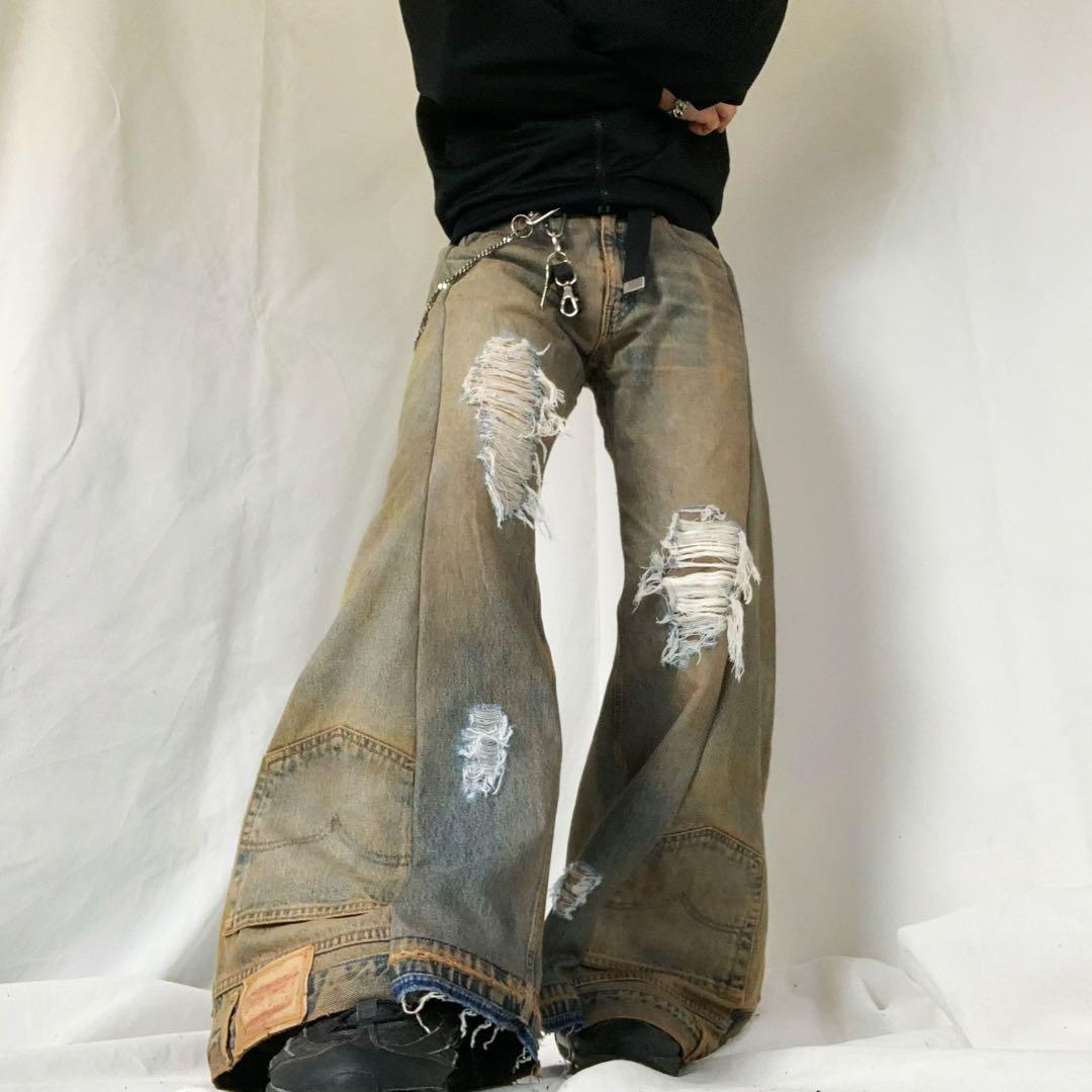 No.332【dirty color/wide】再構築 リメイク デニム フレア 画像6