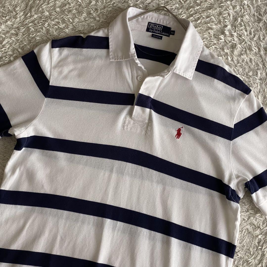 ポロラルフローレン ボーダーラガーシャツ　ポロシャツ　半袖　紺　白 Ralph Lauren - 90s ポロスポーツ ラルフローレン ボーダー 半袖