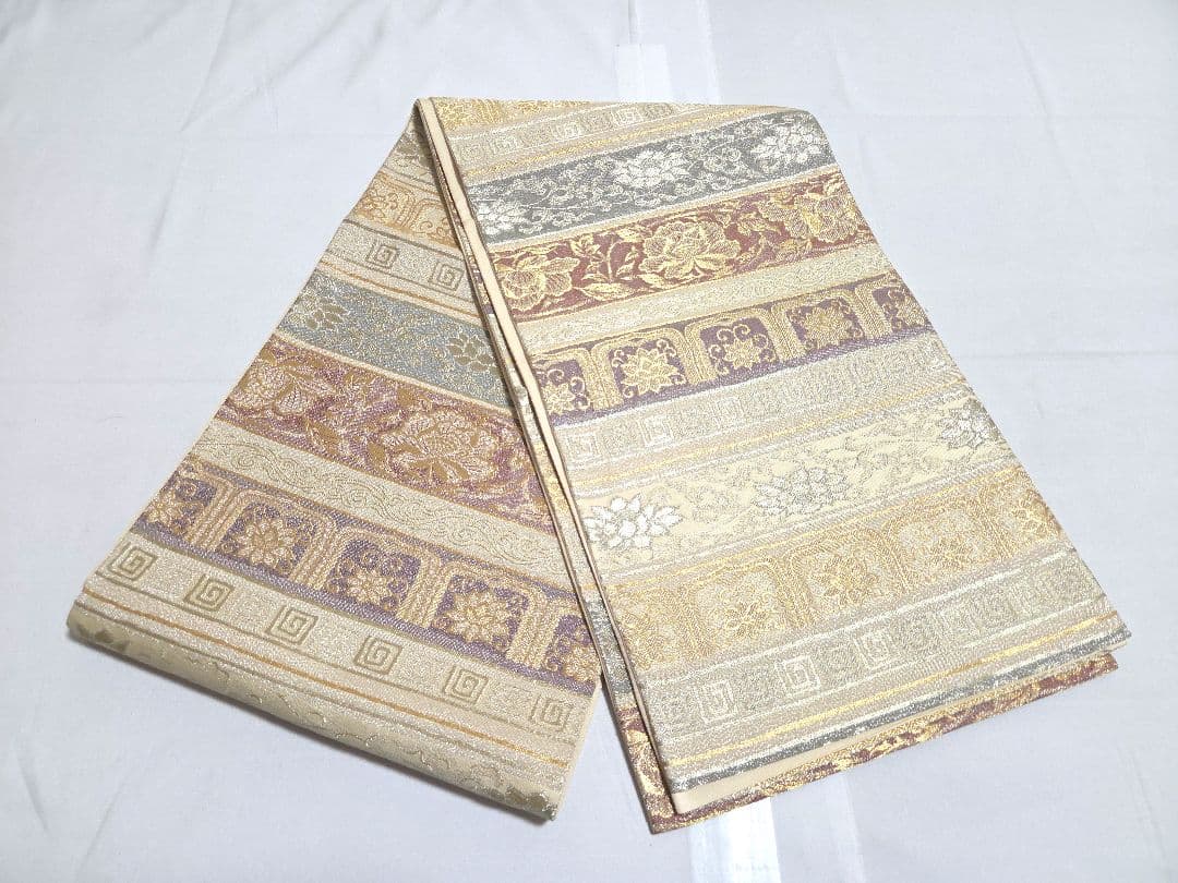 B5 やまと誂製 横段蓮華模様 金銀糸 六通 正絹 フォーマルな袋帯