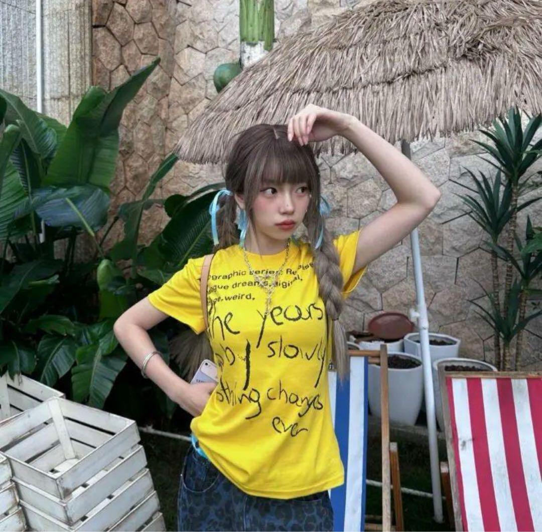 グラフィック Y2K グランジ 平成ギャル イエロー ロゴTシャツ