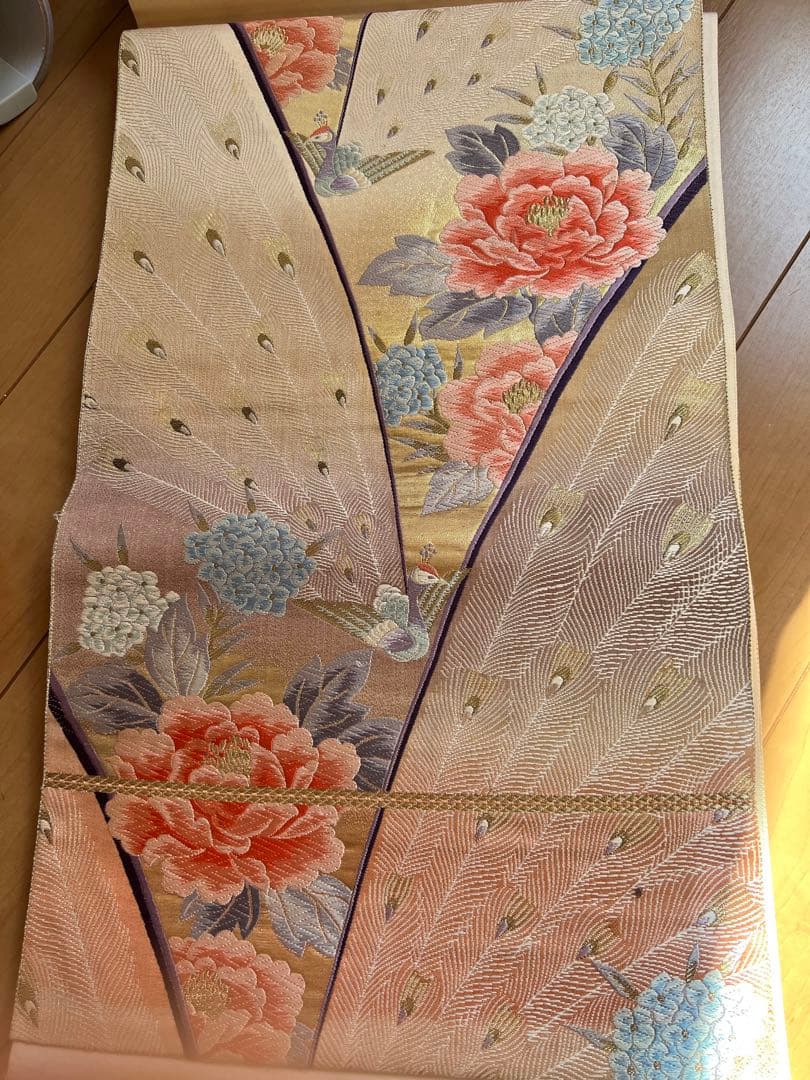 ラウンド 袋帯 六通 九百錦 孔雀 牡丹 フォーマル 美品 訳あり 着物