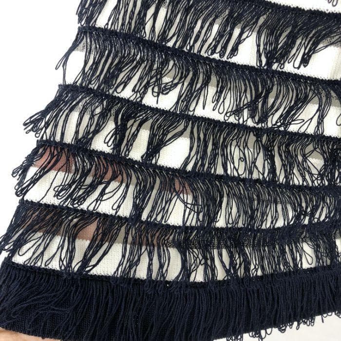 ドゥロワー Drawer 台形スカート フリンジ 切り替えデザイン ネイビー 紺