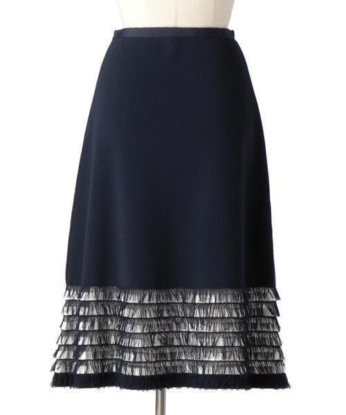 ドゥロワー Drawer 台形スカート フリンジ 切り替えデザイン ネイビー 紺